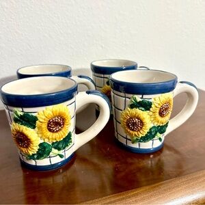 Set of 4 Vintage Ceramic Sunflower Mugs Designed by S. Tuck